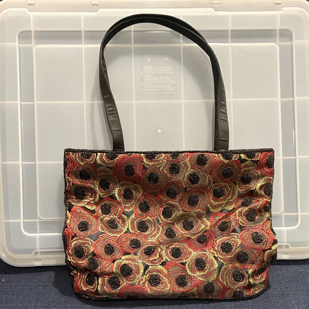 Vintage Rose Embroidered Tote Purse in Red and Gold